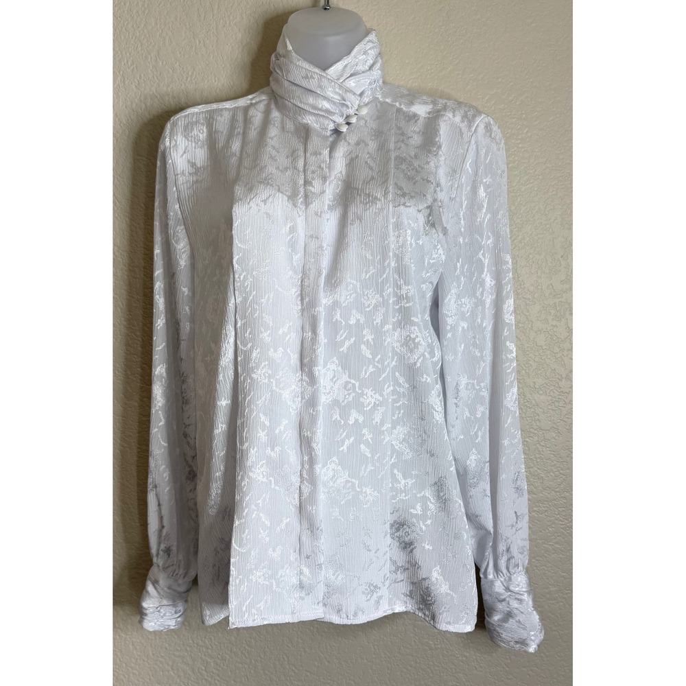 Tess Womens 6 Blouse White Floral Jacquard Mock Neck‎ Ruched Long Sleeve Vintage